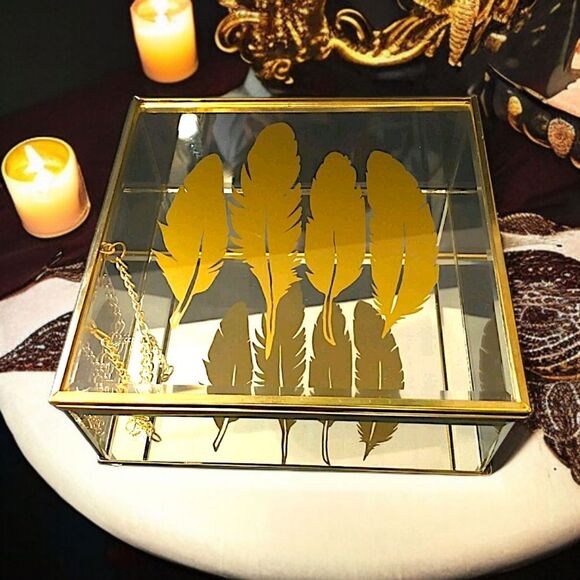 Feather Print Glass Trinket Box Vintage 90s Jewelry Gold Tone Western Bohemian - Picture 15 of 16